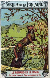 The Fox and the Goat - Fables by Jean de La Fontaine - Chromolithography of the End of the 19th Century