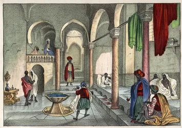 The Moorish bath (public bath) in Algiers circa 1830. In "Ancient and Modern Algeria" by Léon Galibert. Italian edition of 1846, in colour
