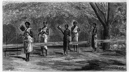 Weaving in India: Preparation of Warp Threads (Operation of Warping). Engraving from 1883. in 