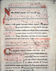 Leaflet of a pilgrim guide with lyrics of the pilgrimage to Santiago de Compostela (Santiago de Compostella), fol. 214 r. From a 13th-century manuscript. Archive of the Cathedral of Santiago de Compostela (Santiago de Compostela), Spain