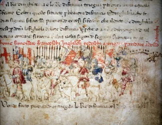 League of the French, English, Germans and Hungarians against the Turks in 1391 - in the "Croniche del Sercambi", circa 1400. National Archive, Lucca.
