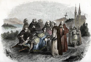 Legende des enerves de Jumieges: the two sons of Merovingian king Clovis II, punished for revolting against their father, are collected by the monks of the Abbey of Jumieges, near Rouen, 660 approximately