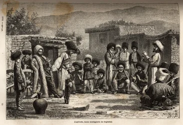 Lezginka, a national dance throughout the Caucasus, which consists of very difficult and very eccentric steps that the dancer performs in rhythm with lively but uniform music. It is the same for men and women, who form separate groups without ever mixing
