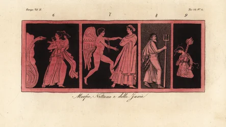 Leto with her children Apollo and Artemis, one of the Graces, Neptune, and one of the Furies