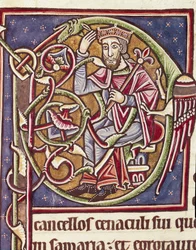 Lettrine P decorated with the representation of the king of the land of Moab, miniature from a Bible (12th century)