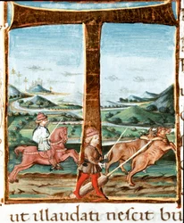 Decorated initial T with a rider and an ox driver - miniature taken from “The Bucolics” (Eclogues) by Virgil (Publius Vergilius Maro) (70-19 BC) (Ms IV E.12), 15th century, Naples, Biblioteca Nazionale