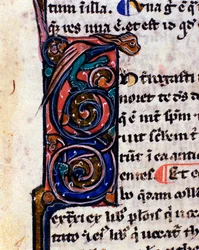 Lettrine decorated with a Gothic monster reminding the gargoyles. Detail of 14th century manuscript