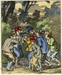 Little Thumb and his brothers lost in the forest. Illustration of the tale 