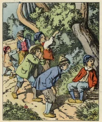 Little Poucet and his brothers lost in the forest abandoned by their parents. Illustration of the tale 