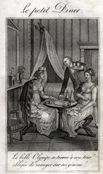 Little dinner. Olympe de Gouges (1748-1793), French woman of letters and revolutionary with Celine, one of her friends