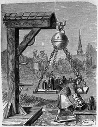 Loading of suspended Magdeburg hemispheres. Engraving from Ottonis de Guericke: Experimenta Nova Magdeburgica de vacuo spatio by Otto von Guericke