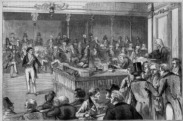Lord John Russell (1792-1878) introducing the Reform Bill (Reform Act) in the House of Lords 1832 (engraving)