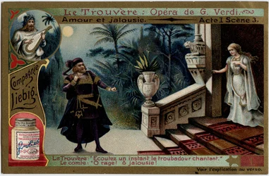 Love and Jealousy Act I Scene 3. Illustration for the opera Il trovatore by Giuseppe Verdi. Chromolithography from the end of the 19th century.