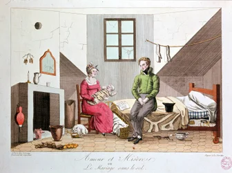 Love and misery or marriage without the ground, poor household, early 19th century