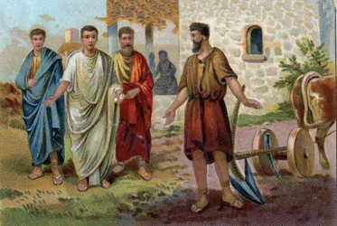 Lucius Quinctius Cincinnatus (c.520/c.430 BC), Roman consul, engaged in agricultural tasks when the Senators (Senate of the Roman Empire) came to beg him to accept the supreme command and become the dictator of Rome in 458 BC. Chromolithography around