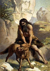 Lycanthropy: Delirium of the one who thinks he is transformed into a wolf. Chromo of the 19th century.