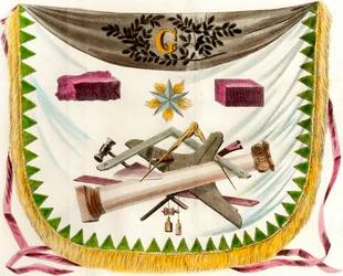Freemason apron depicting symbols of Freemasonry. Engraving from the 19th century. Private collection