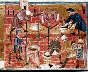 Masons and house builders. Miniature taken from “The Deeds of the Romans”, 13th century. Venice, Biblioteca Marciana