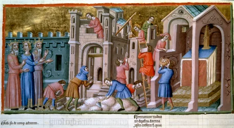 Masons, stonecutters and workers on a construction site of a miniature town from the 14th century, "Psalter of Canterbury", B.N., Paris