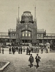 Main facade of United Exhibitions, Milan, Italy, engraving from photograph by Treves brothers from L