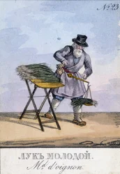 Man Weighing Onions in a Scale Hanging on His Belt (Illustration of the 19th Century) (Engraving of the 19th Century)