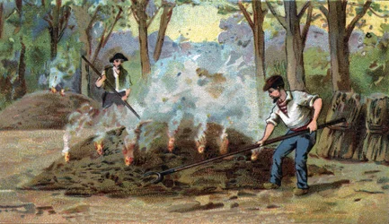 Manufacture of charcoal, combustion furnace. Chromolithography of the late 19th century