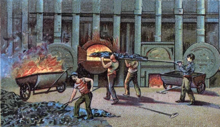 Manufacture of lighting gas, cornu delutor. Chromolithography of the end of the 19th century