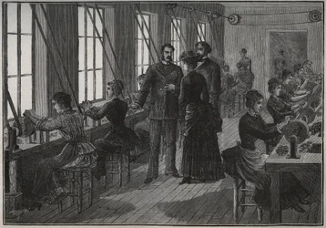 Manufacture of metal feathers: sharpening workshop in France in the 19th century. Engraving from 1885 in 