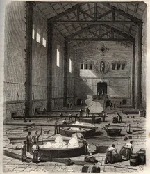 Manufacture of soap - Operation of stacking in the boiler room of a soap factory in Marseille - engraving in 