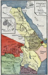 Map of African territories colonized by French and English along the Nile. Illustration in Le Pelerin of October 2