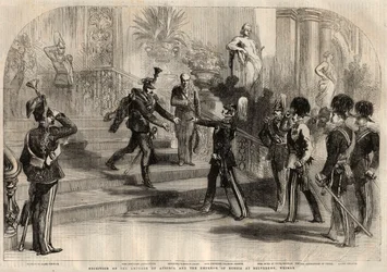 Meeting between the Russian Tsar Alexander II (1818-1881) and the Austrian Emperor Franz Joseph I (1830-1916) at the Belvedere in Weimar (Germany). From left to right are Alexander II, Franz Joseph I, Charles Alexander, Duke of Saxe-Weimar-Eisenach