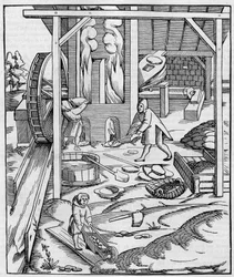 Metal furnace blower operated by a hydraulic motor. Facsimile of an engraving published in 