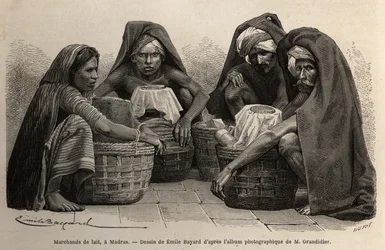 Milk merchants, in the streets of Madras (present-day Chennai, Tamil Nadu). Engraving to illustrate the voyage in the meridional provinces of India, by Alfred Grandidier, in 1862-1864, published in le tour du monde, under the direction of Edouard Charton
