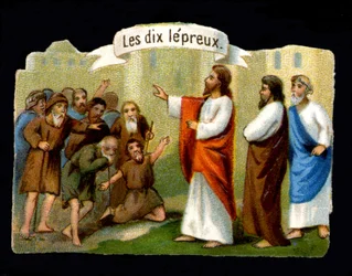 Miracles of Jesus. Christ healing the lepers. 19th century chromolithography.