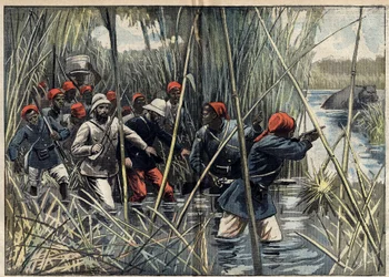 Mission Marchand (1896-1899) to Fachoda (Sudan): the French captain Baratier (1864-1917) and his troops advancing through the marsh towards Fachoda. (According to Captain Baratier
