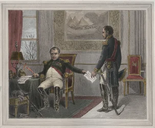 Napoleon Signing His Abdication 1814 - Napoleon Bonaparte at Fontainebleau During His First Abdication, Signed in April 1814 - Engraving in 