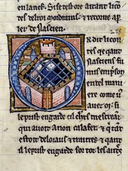 Nascion in Prison. Manuscript: Conquest of the Saint Gréal, Written 717 Years After the Passion of Our Lord. Bibliotheque Municipale de Rennes, ms. 255 (Collection of Novels of the Round Table); Paris