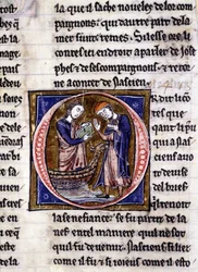 Nascion receives the book. Manuscript: Conquest of the Saint Gréal, written 717 years after the passion of our lord. Bibliotheque municipale de Rennes, ms. 255 (Collection of novels of the Round Table); Paris