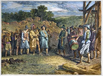 Native population of America: Indians. The settlers met Massasoit (1590-1661), also known as Ousamequin "Yellow Feather", chief of the Wampanoag tribe, Plymouth Colony, in 1620. Wampanoag leader Massasoit visiting colonists at Plymouth
