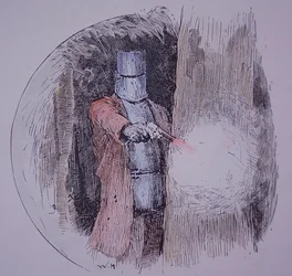 Ned Kelly wearing his homemade armour, in confrontation with police
