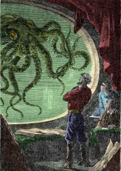 Ned Land, Professor Aronnax and his servant Conseil look at the Giant Octopus through the porthole of the submarine Nautilus Engraving of the book by Jules Verne Twenty thousand leagues under the seas
