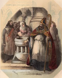 Notger, bishop of Liège, during the baptism of Otto III, King of Germany. Engraving from 1868 in 