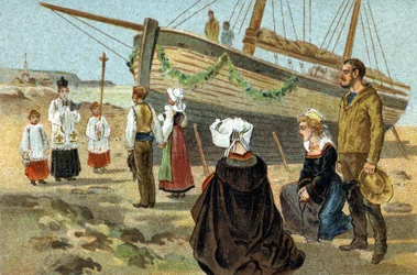 Old custom celebrated in the Brittany region: baptism of a fishing boat. Chromolithography of the late 19th century