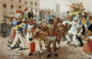 Old custom celebrated in the Ile de France region: The procession of beef gras in 1830. Chromolithography of the late 19th century.