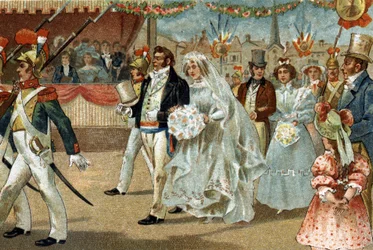 Old custom celebrated in the Ile de France region: the Rosière de Nanterre. Chromolithography of the late 19th century