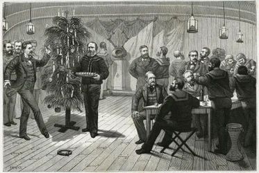 On Christmas night aboard La Vega, a ship caught in the ice of the polar circle, the crew replaced the fir tree with float wood, wall of wicker branches, decorated with paper and candles, as well as various small items destined to be distributed to the cre