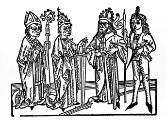 On the Left: The Bishop, the Pope, the Emperor, and the Noble Horseman. The Main Representatives of the Social Classes of the Feudal Era (Engraving from 