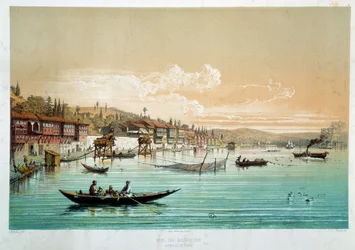 Ottoman Empire: view of the Bosphorus in the vicinity of Bebek in Turkey. Fishing scenes. Engraving of the 19th century Paris, Decorative Arts