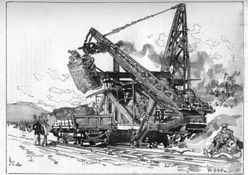 Panama Canal works. Main machines: Osgood excavator. Engraving in Le Monde Illustré