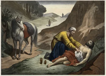 Parable of the Good Samaritan: the Samaritan stopped on his way to rescue the dying man. Anonymous engraving from the middle of the 19th century